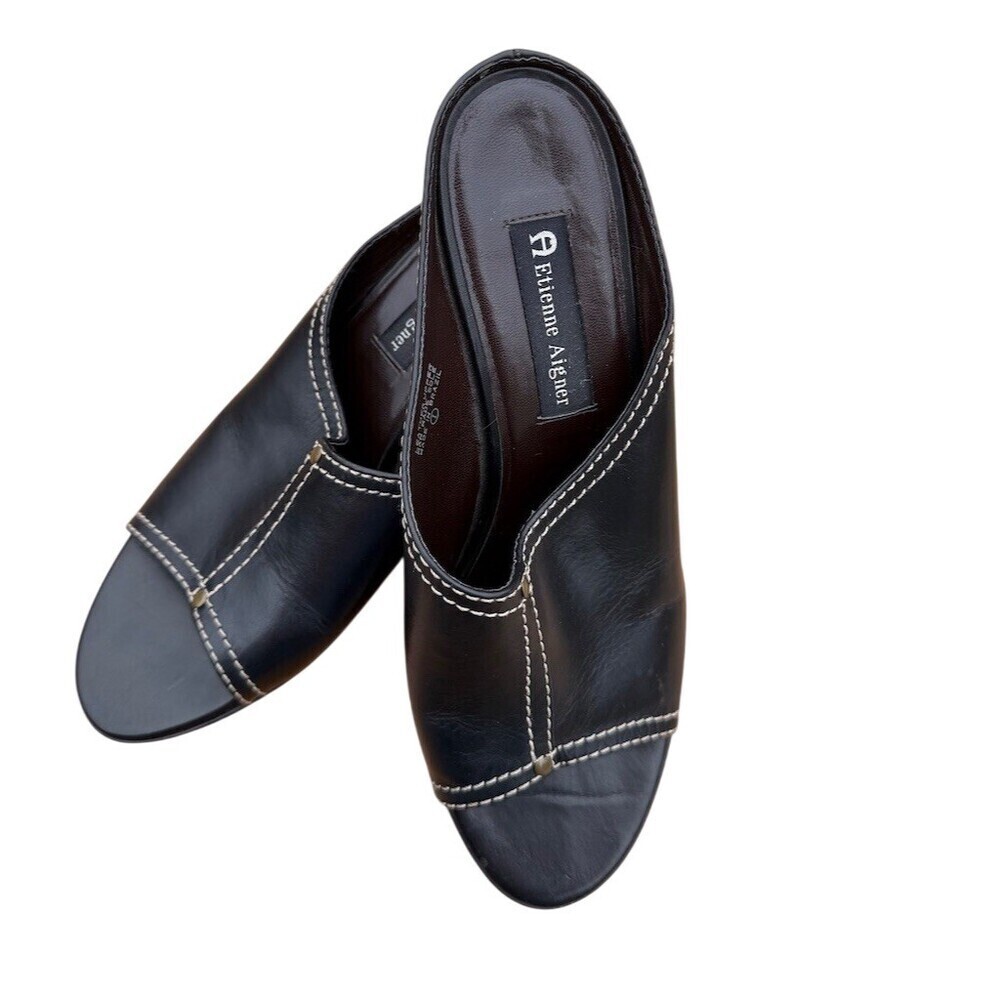 Etienne Aigner Black Leather Social Mule Heels Womens 9.5M
